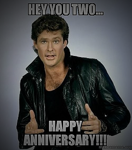 A happy anniversary meme featuring an unhappy-looking cat with the caption 'Happy anniversary, woo-hoo'.