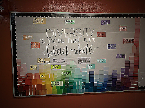 Bulletin board featuring articles and quotes about diversity and inclusion