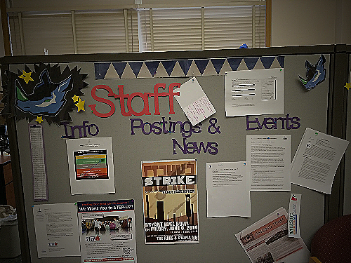 Bulletin Board With A Topographic Map And Employee Photos.webp